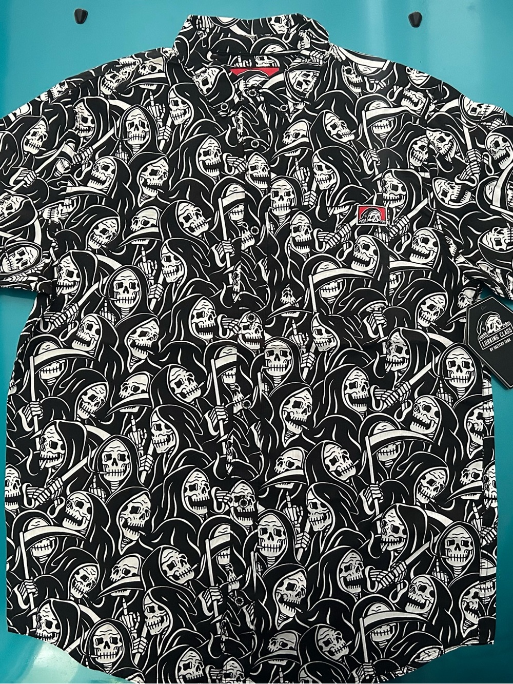 Men's Black & White Reaper Print Short-Sleeve Button-Down Shirt Lurking class